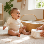 Parent organising plain nappies beside a smiling baby during a sunny nursery change routine