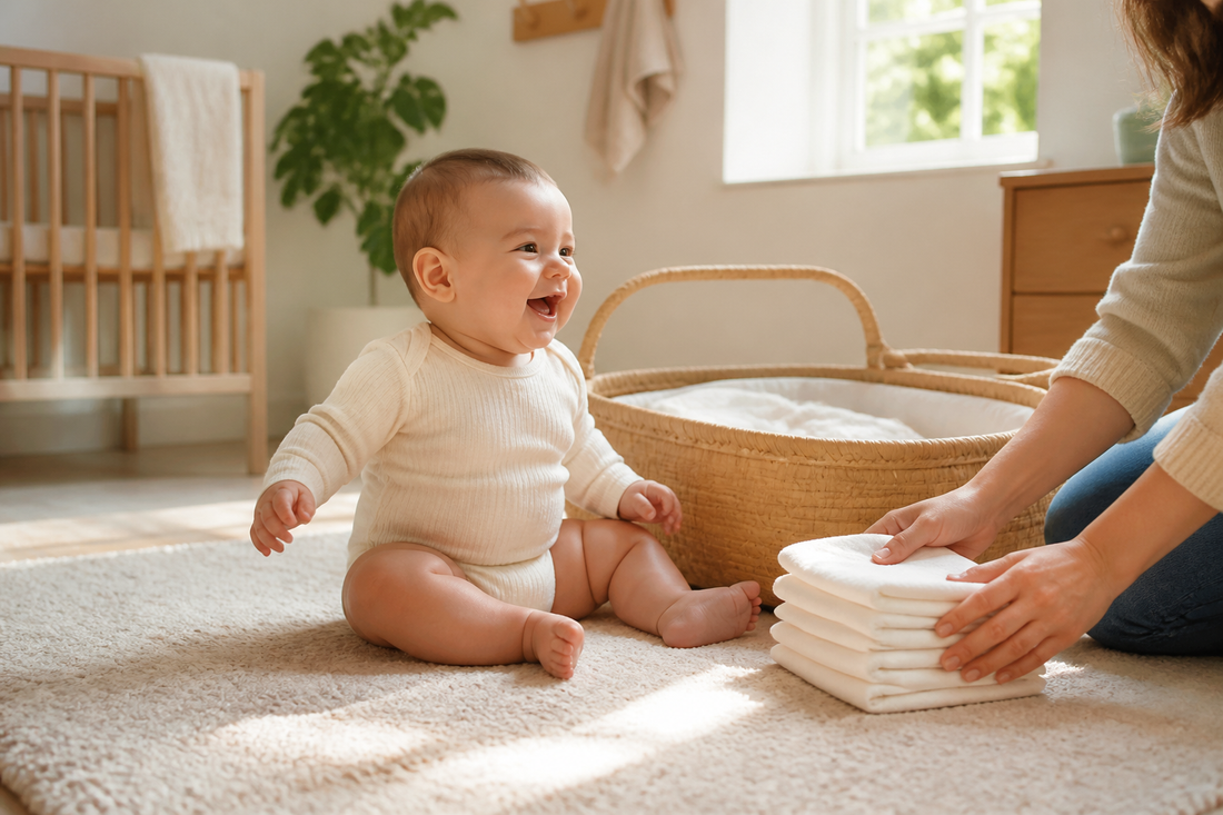 Parent organising plain nappies beside a smiling baby during a sunny nursery change routine
