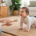 Baby crawling toward a parent during playtime in a bright Australian home