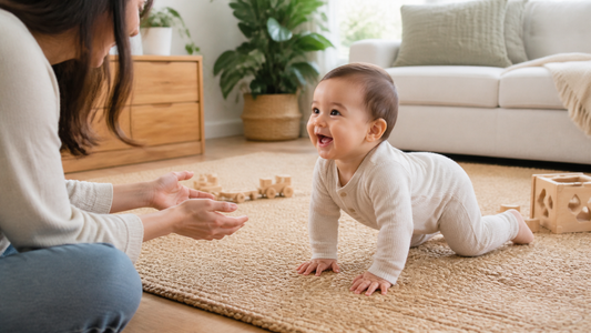 Baby crawling toward a parent during playtime in a bright Australian home