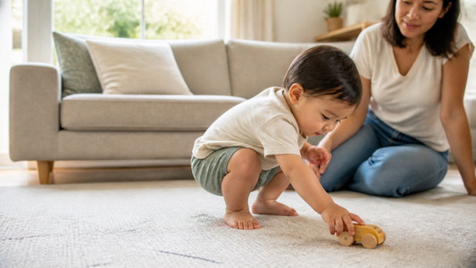 Toddler crouching to pick up a toy while a parent watches in a warm living room
