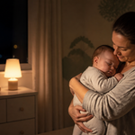 Parent holding a sleeping baby during a calm nighttime nursery routine
