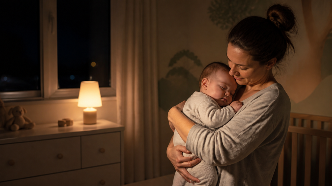 Parent holding a sleeping baby during a calm nighttime nursery routine