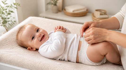 Parent gently changing a smiling baby’s nappy in a warm nursery
