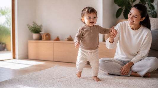 Toddler taking early steps beside a parent in a warm living room