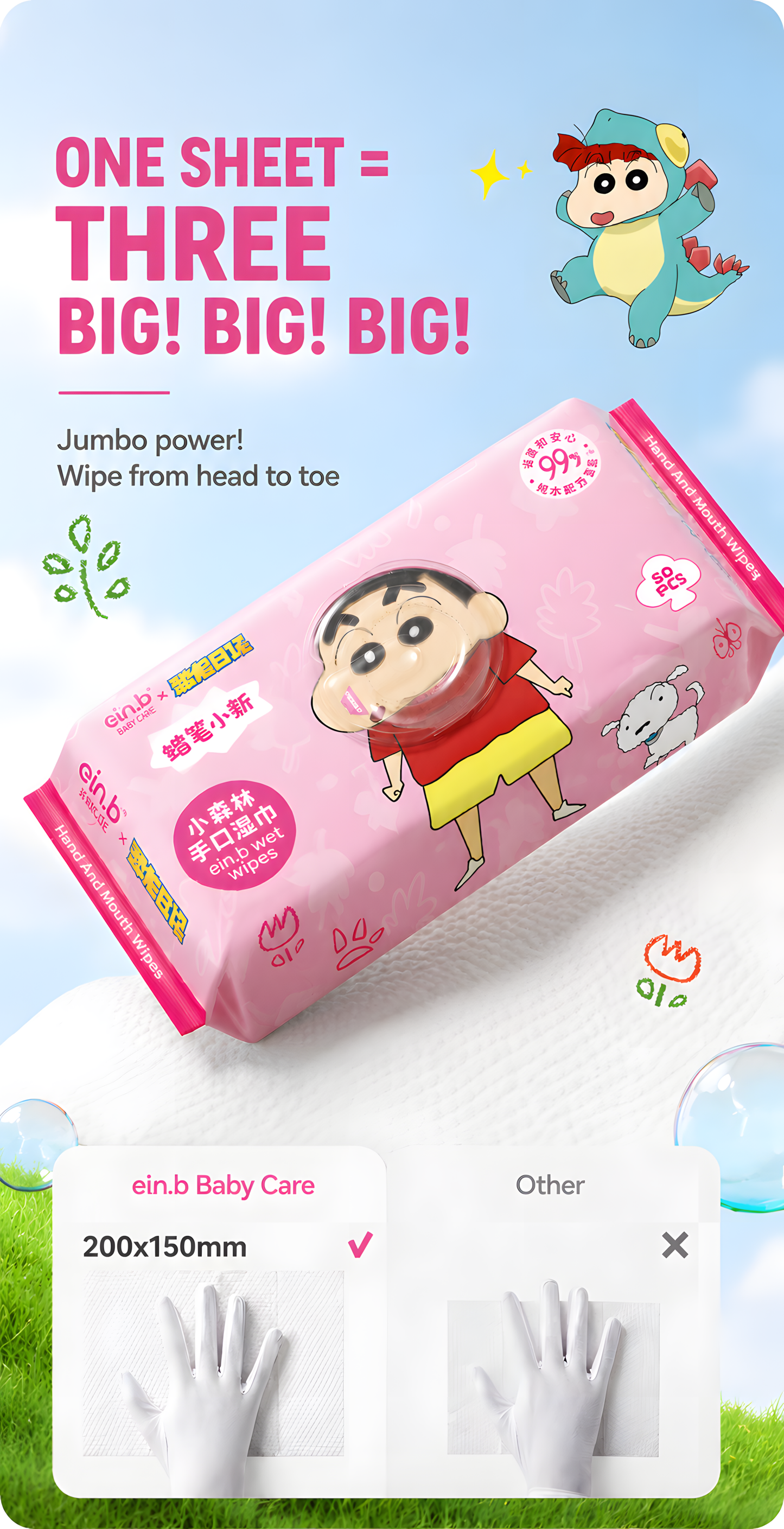 EIN.B × Crayon Shin-chan Jumbo Hand & Mouth Baby Wipes – 50 Sheets