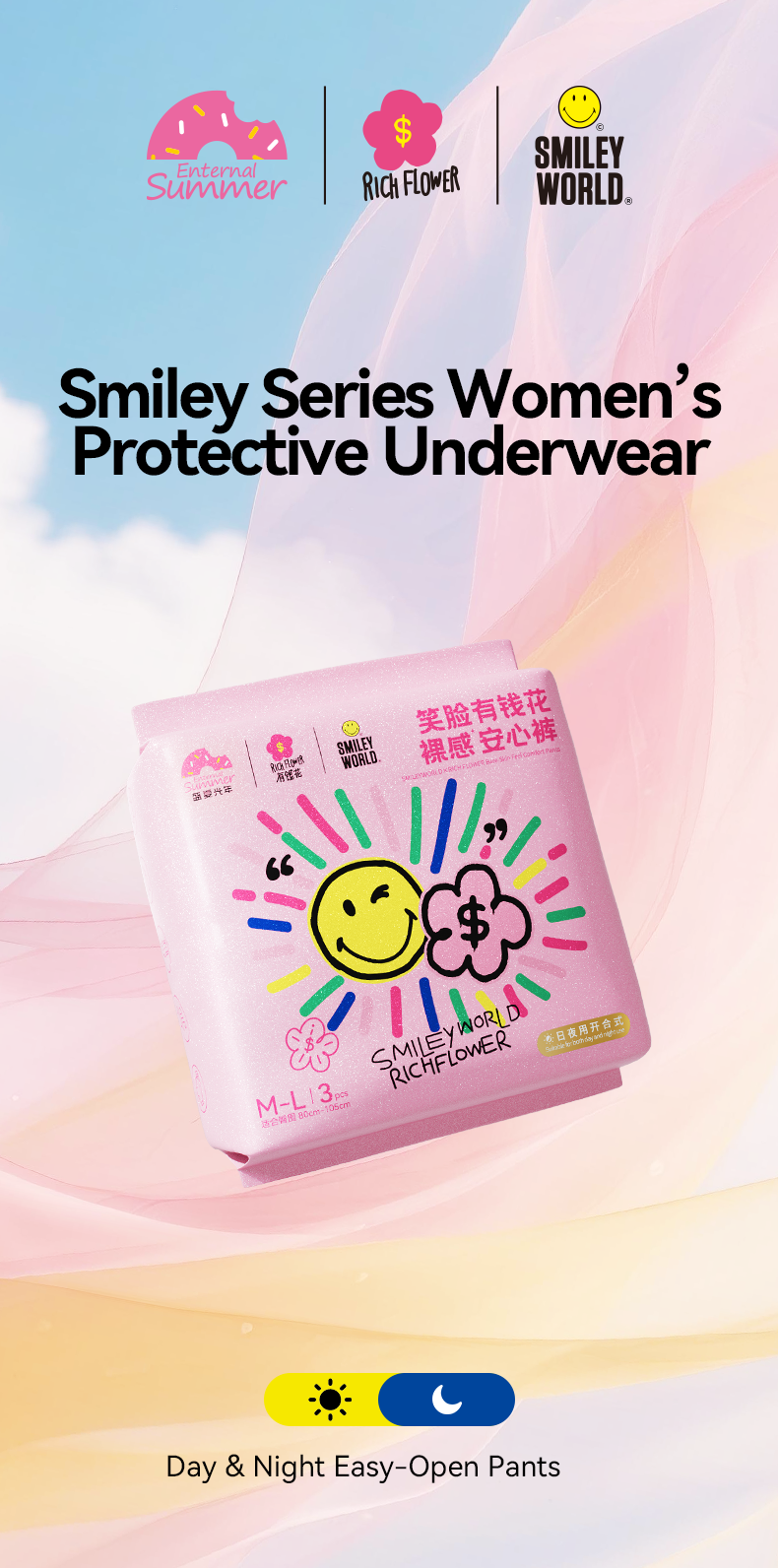 Enternal Summer Smiley Rich Flower Ultra-Thin Night Pants (Side-Open) - 3 Pcs Enternal Summer