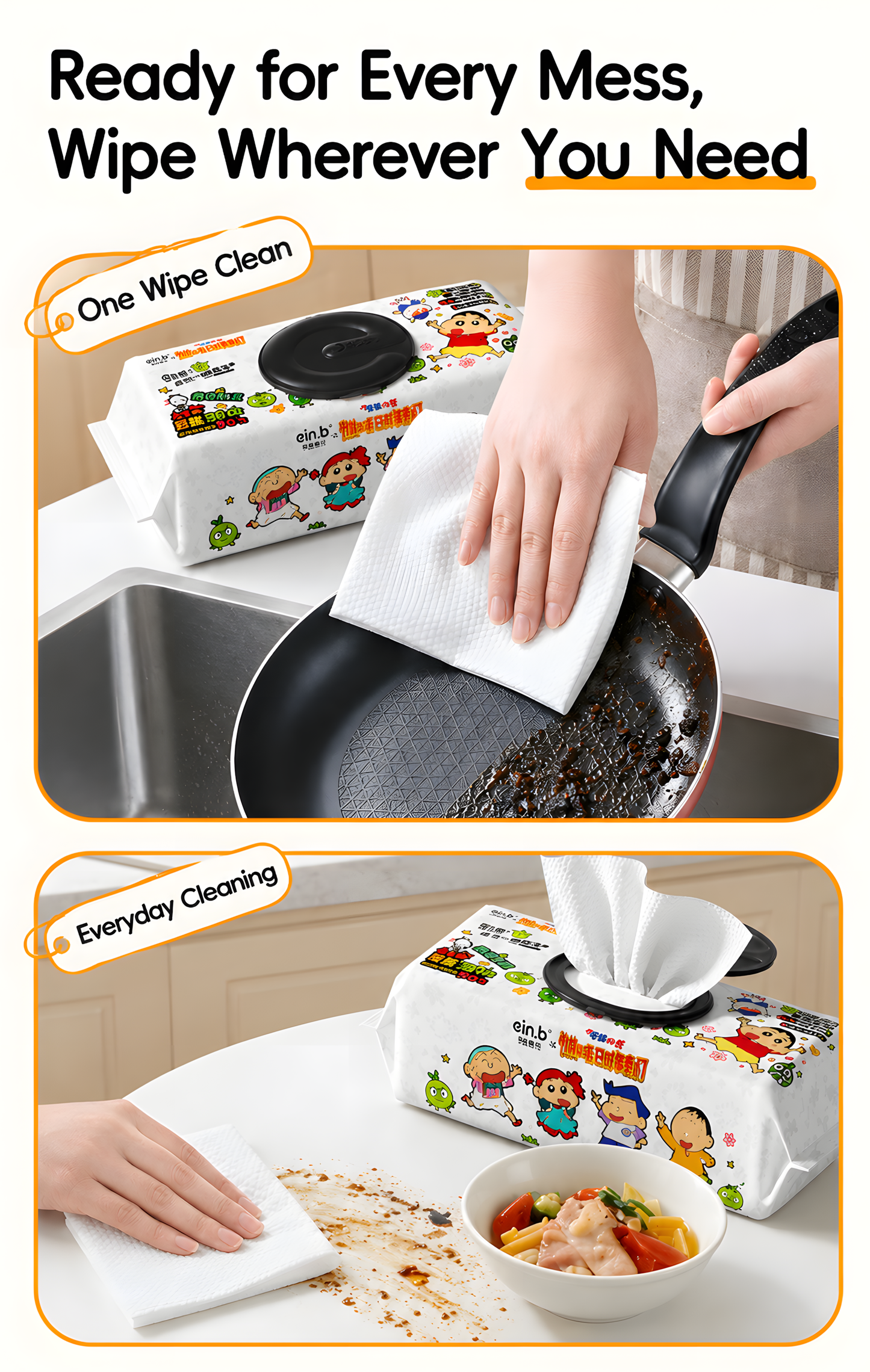 Ein.b × Crayon Shin-chan Jumbo Kitchen Cleaning Wipes – Mega 90 Wipes