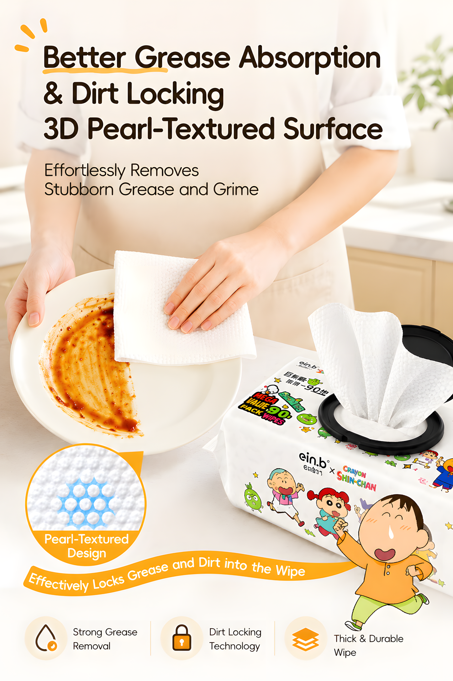 Ein.b × Crayon Shin-chan Jumbo Kitchen Cleaning Wipes – Mega 90 Wipes