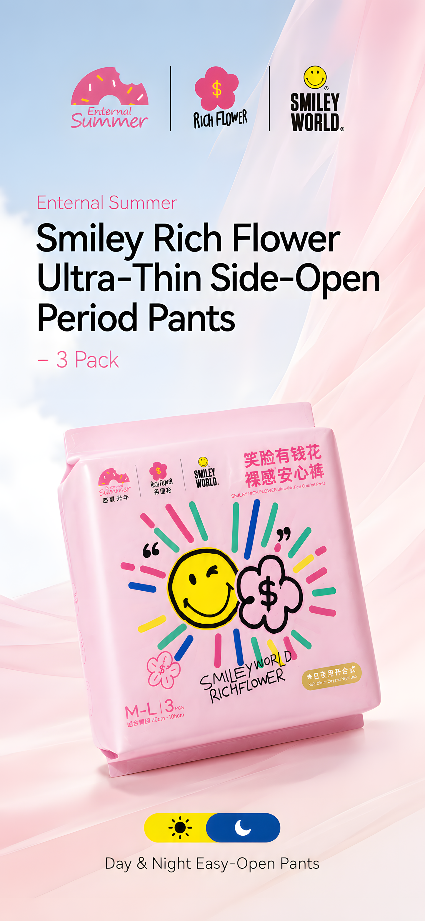 Enternal Summer Smiley Rich Flower Ultra-Thin Side-Open Period Pants – 3 Pack